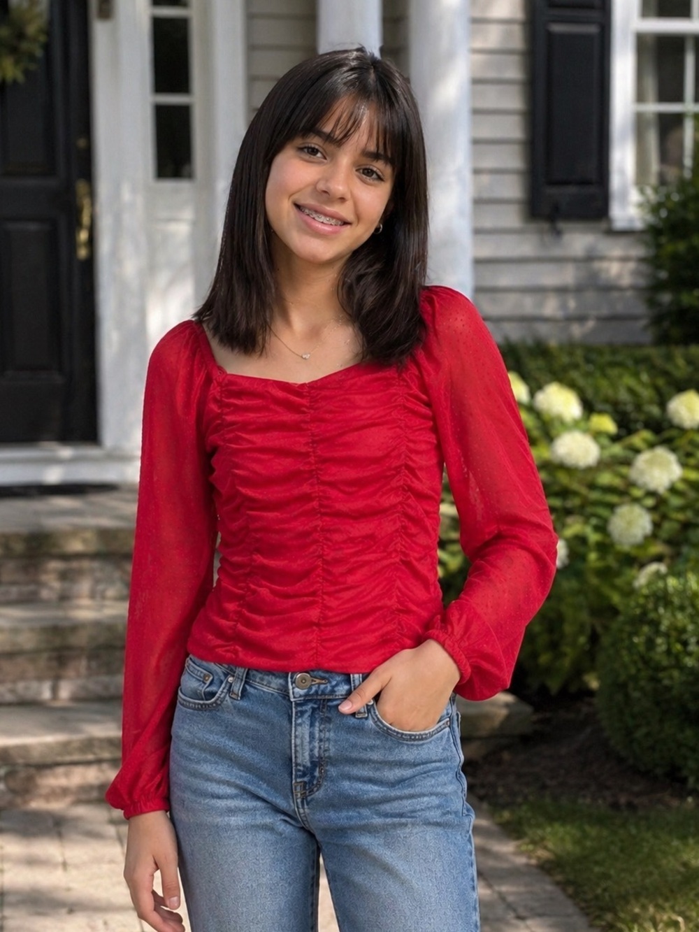 Art Class Vibrant Red Long Sleeves Mesh Square Neck Ruched Blouse Top Stretch 18